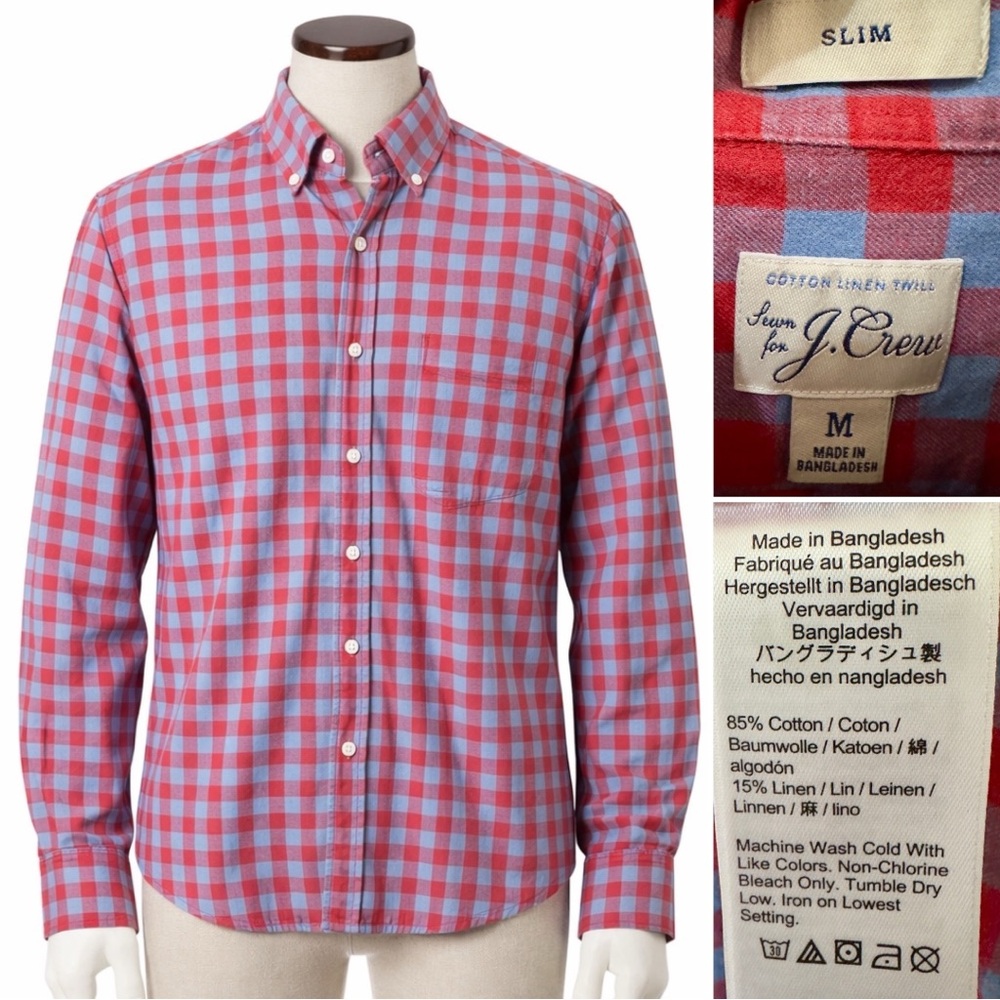 J. Crew | NWOT Cotton Linen Slim Red & Light Blue Gingham Button-Down Shirt (M)